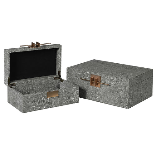 Set Of 2 Grey Shagreen Crossbar Boxes