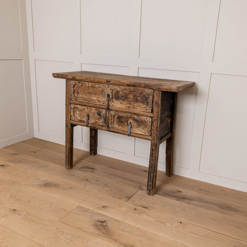 Vintage Reclaimed Elm Carved Console Table # 2