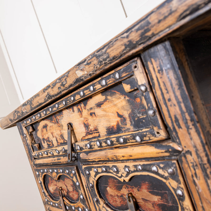 Vintage Reclaimed Elm Carved Console Table # 3