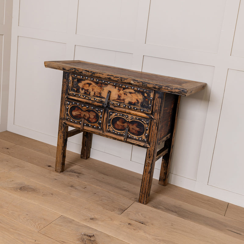 Vintage Reclaimed Elm Carved Console Table # 3