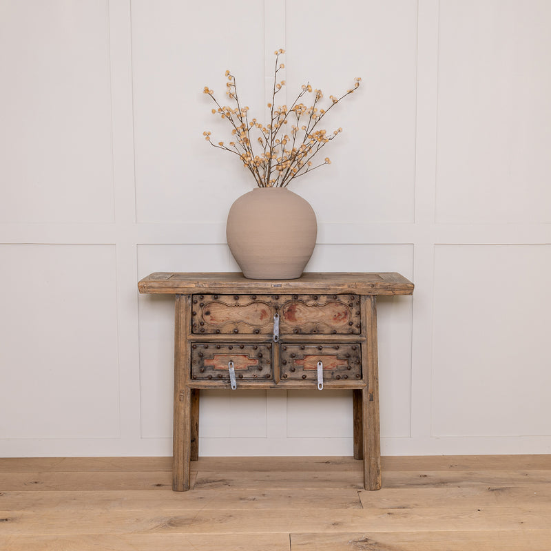 Vintage Reclaimed Elm Carved Console Table # 5